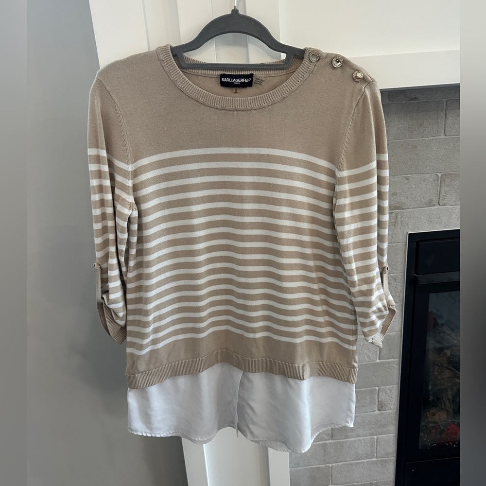 Karl Lagerfeld Tan and White Striped Sweater